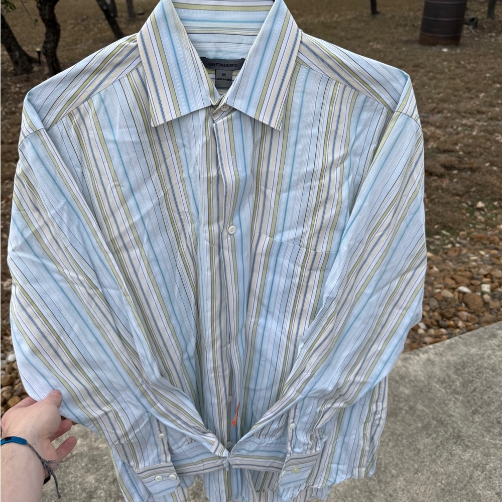 Johnston & Murphy Men’s Button Up Shirt Blue Green Stripe Long Sleeve